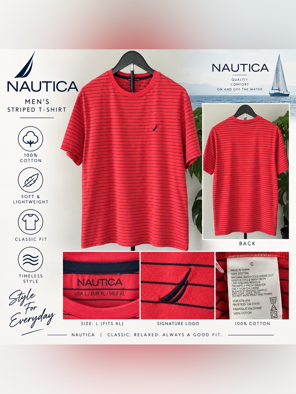 Nautica Red Short-Sleeve Striped Crewneck Tee